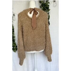 CATO Brown Sparkly Back Bow Balloon Sleeved Sweater Women's Small
